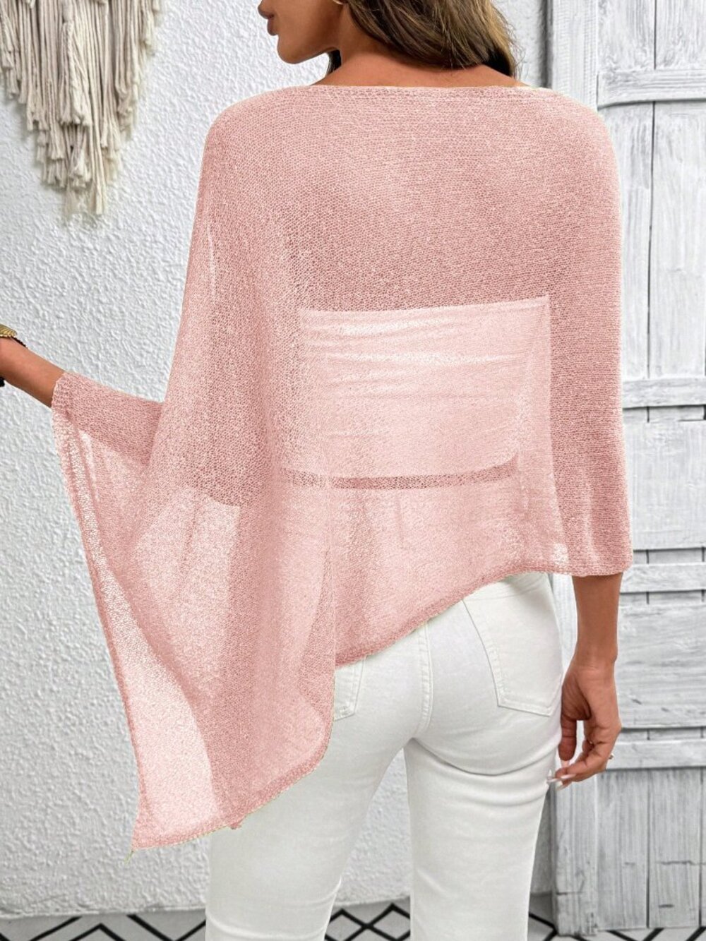 Pink Casual Women's Plus Size Asymmetric Design Poncho-Style Knit Top - Picture 2 of 7